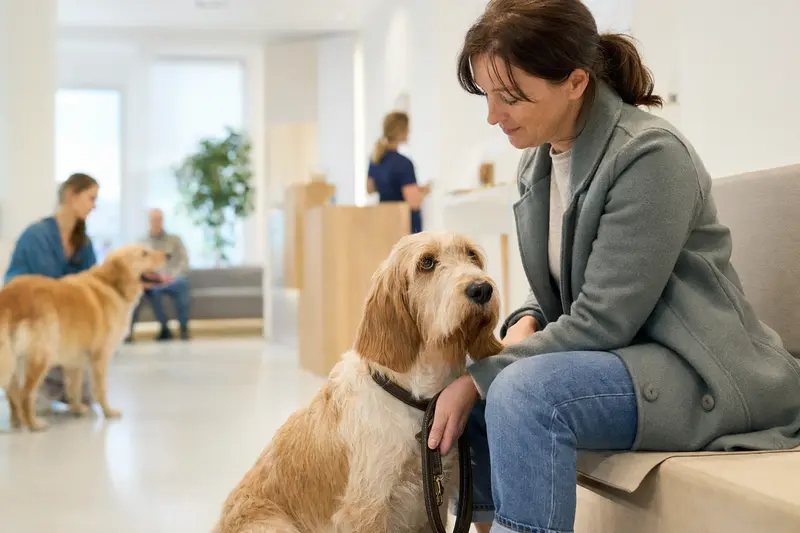 Ein Basset d'Artois sitzt ruhig neben seinem Besitzer im hellen Wartezimmer einer modernen Tierarztpraxis.